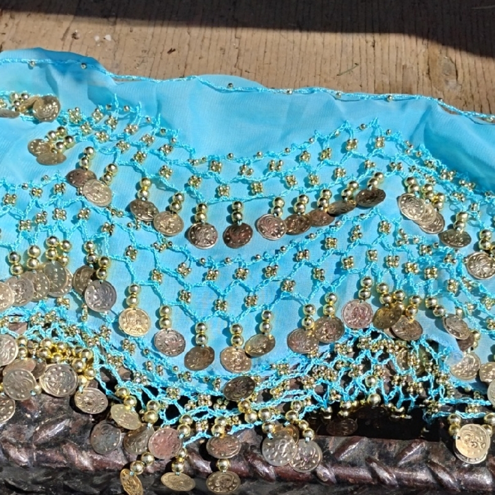Turquoise Coin Fringe Hip Scarf with Gold Coins